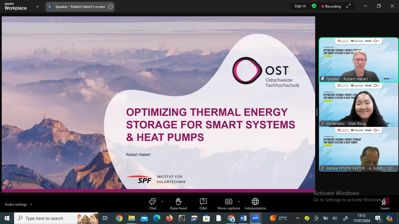 PPSDM KEBTKE Kolaborasi dengan Pemerintah Swiss Gelar Webinar Optimizing Thermal Energy Storage for Smart Systems & Heat Pumps